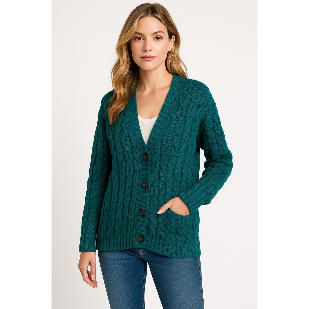 Merona Cardigan‎ Womens M Teal Cable Knit Fisherman Chunky Ribbed Sweater Y2K